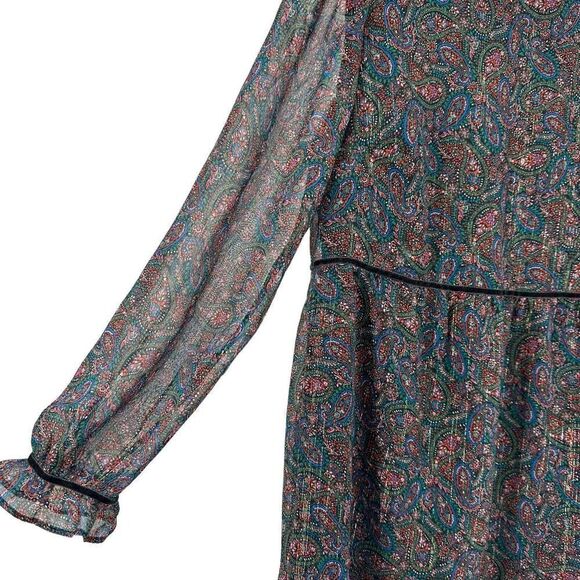 LOFT Shimmer Paisley Velvet Trim Swing Dress XS Black Long Sleeve Ruffle Cuff - Picture 6 of 11